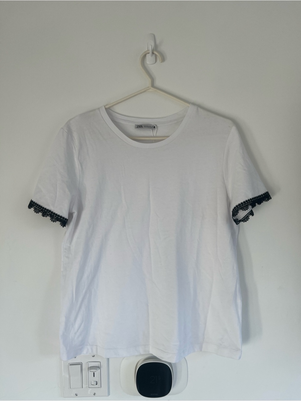 Zara White Short Sleeve Tee with Black Crochet Sleeve Detail
